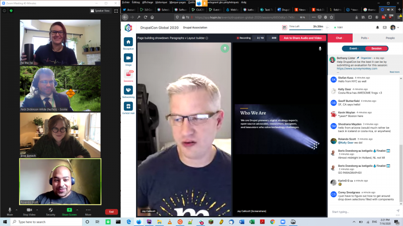 Taoti Team at DrupalCon Global, watching Jay Callicott's session Page Building Showdown