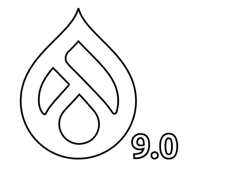 A black outline of the Drupal drop with the text "9.0"