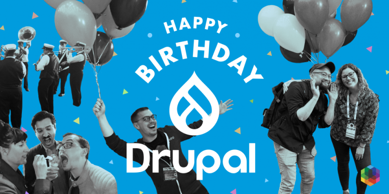 Happy birthday Drupal text featuring balloons, the Drupal funeral parade, and Kalamuna staff smiling
