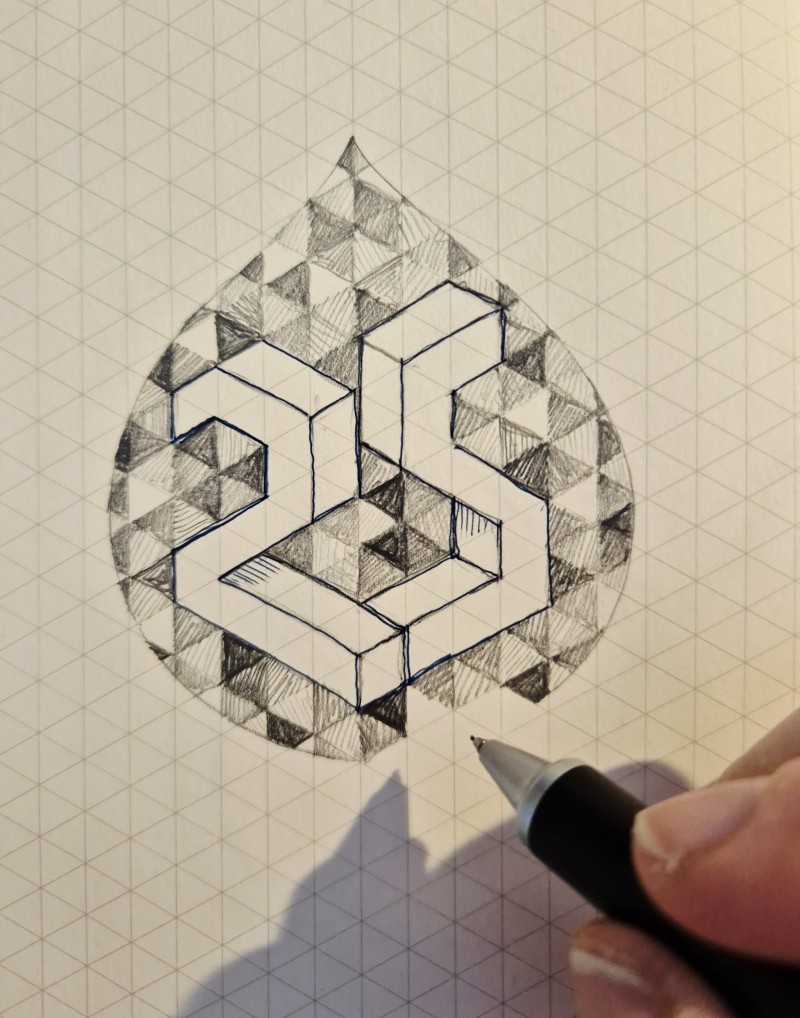 isometric grid page with a drupal shape filled with pencil triangles in different shades. a white blocky 3D 25 in front of the black white and gray design.