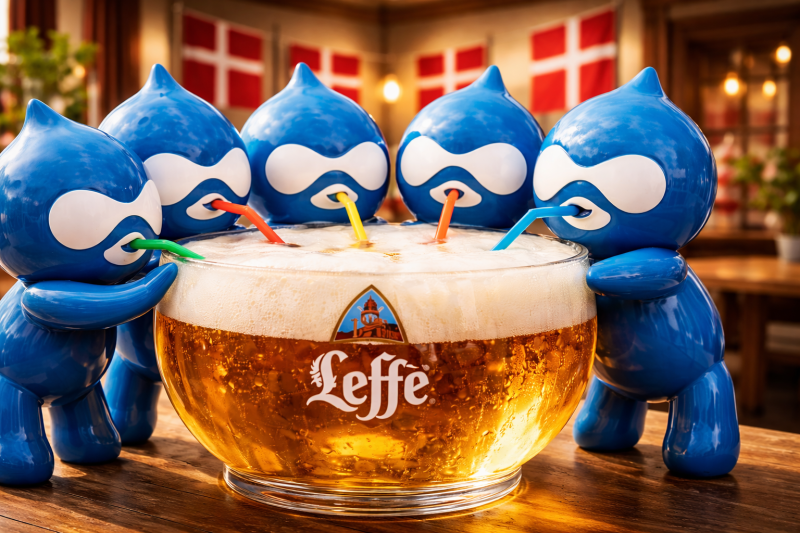 Drupal pioneers drinking Belgian Beer at Drupal's 25th Birthday Party in Copenhagen, Denmark