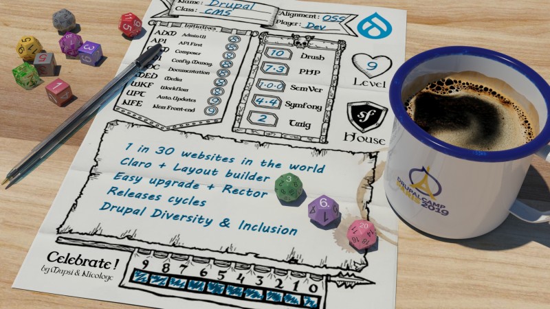 RPG tabletop character sheet for Drupal level 9, with dice and coffee