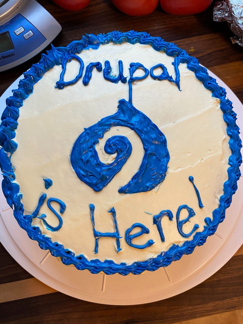 Image of round cake with white frosting—on top in blue icing is the Drupal drop with a 9 inside and text: Drupal Is Here