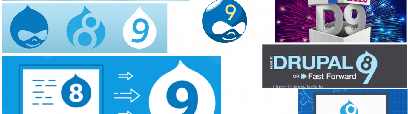 Collage of Drupal icons, emphasizing version 9.