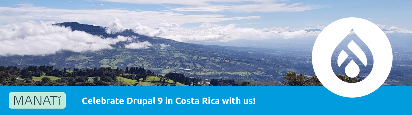 An image of a Costa Rican landscape with Poas Volcano on the back, with the new Drupal logo.
