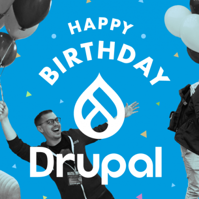 Happy birthday Drupal text featuring balloons, the Drupal funeral parade, and Kalamuna staff smiling
