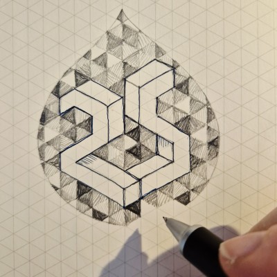 isometric grid page with a drupal shape filled with pencil triangles in different shades. a white blocky 3D 25 in front of the black white and gray design.