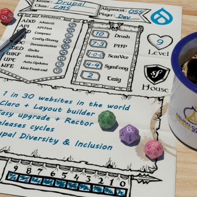 RPG tabletop character sheet for Drupal level 9, with dice and coffee