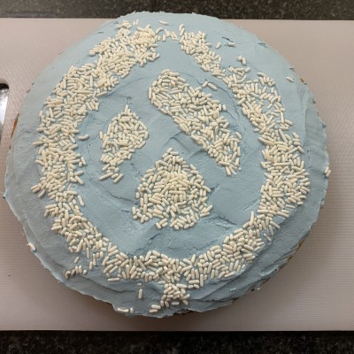 Homemade blue round cake with the Drupal drop evergreen logo in white sprinkles